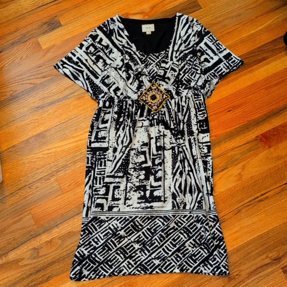 Knee Length Dress - Black and White print, beading